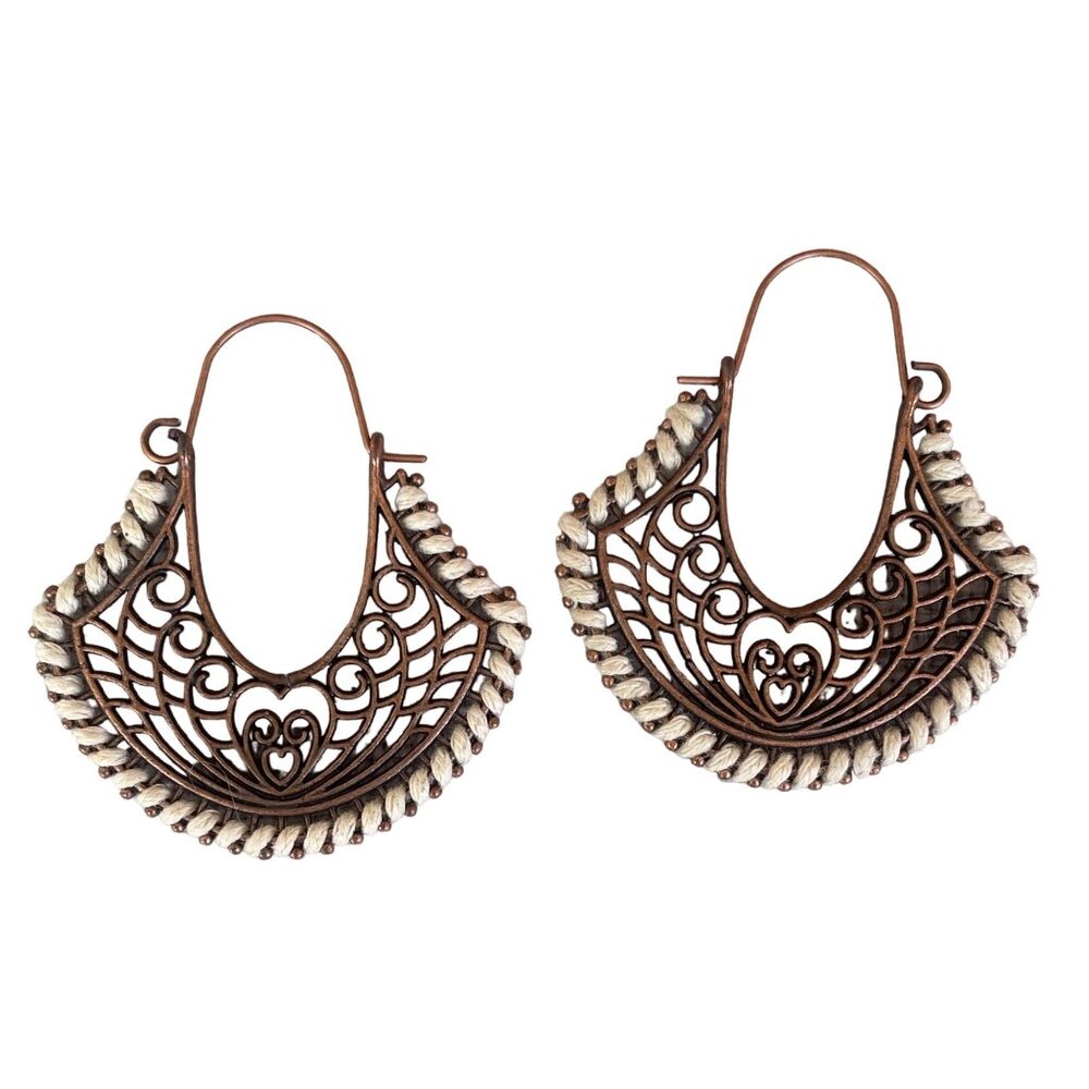 Boho Copper Filigree Hoop Earrings with Cream Accents Handmade 2 Inch Drop Light